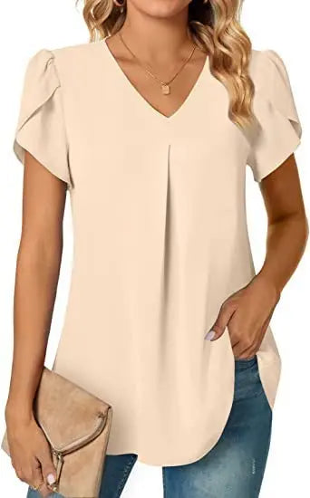 Elegant Women's Top Blouse Flower 2023 Summer Fashion Simplicity Short Sleeve Solid V-Neck Commuter Office Female Shirt S-XXL