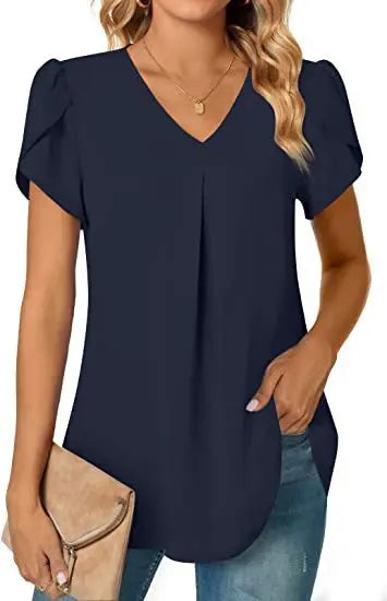 Elegant Women's Top Blouse Flower 2023 Summer Fashion Simplicity Short Sleeve Solid V-Neck Commuter Office Female Shirt S-XXL