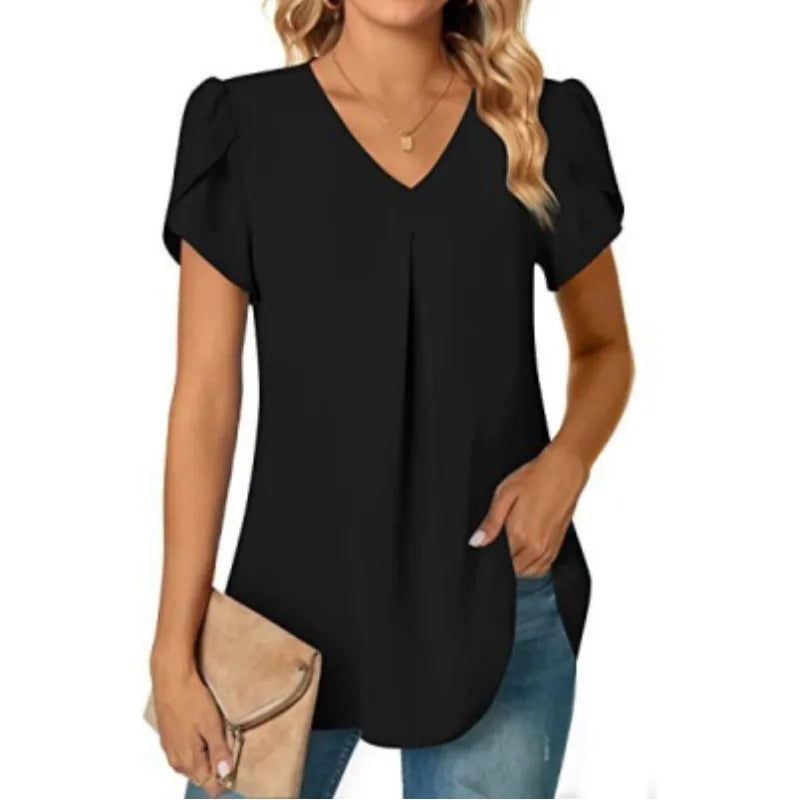 Elegant Women's Top Blouse Flower 2023 Summer Fashion Simplicity Short Sleeve Solid V-Neck Commuter Office Female Shirt S-XXL