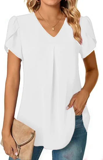 Elegant Women's Top Blouse Flower 2023 Summer Fashion Simplicity Short Sleeve Solid V-Neck Commuter Office Female Shirt S-XXL