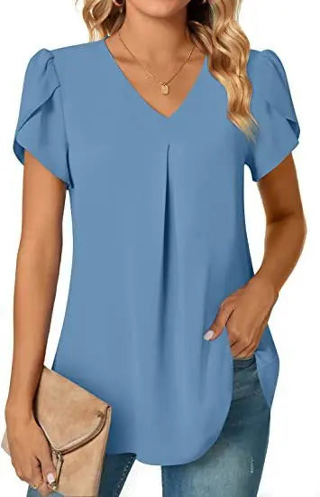 Elegant Women's Top Blouse Flower 2023 Summer Fashion Simplicity Short Sleeve Solid V-Neck Commuter Office Female Shirt S-XXL