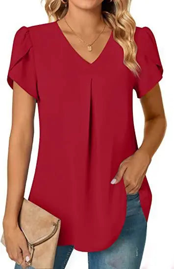 Elegant Women's Top Blouse Flower 2023 Summer Fashion Simplicity Short Sleeve Solid V-Neck Commuter Office Female Shirt S-XXL