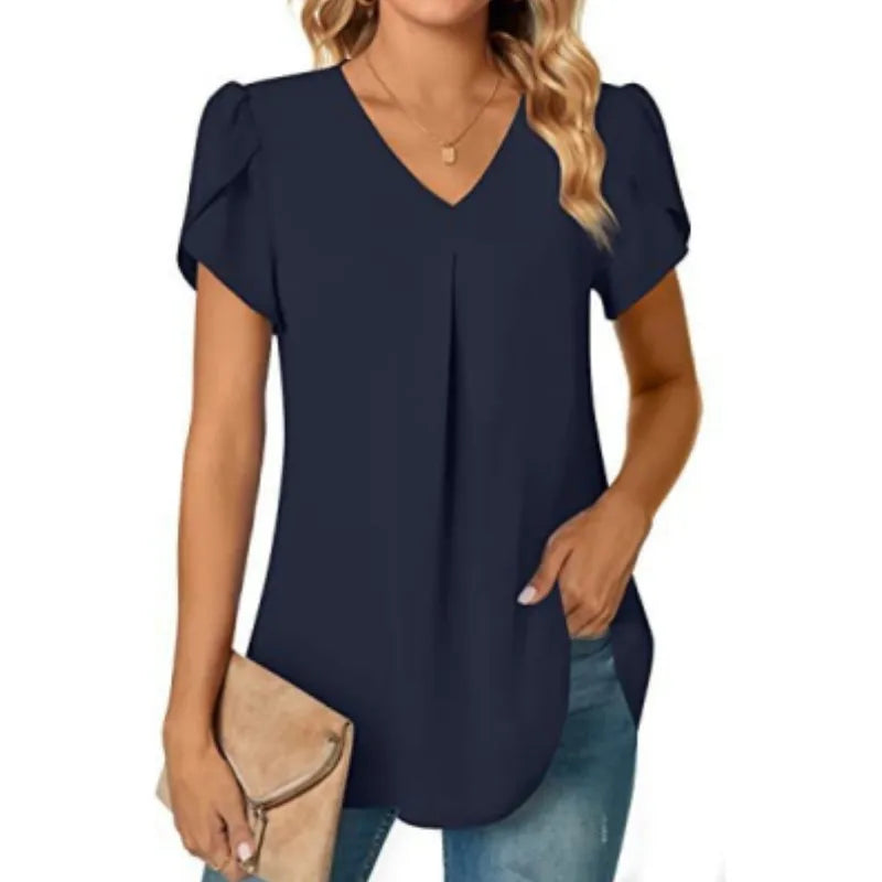 Elegant Women's Top Blouse Flower 2023 Summer Fashion Simplicity Short Sleeve Solid V-Neck Commuter Office Female Shirt S-XXL