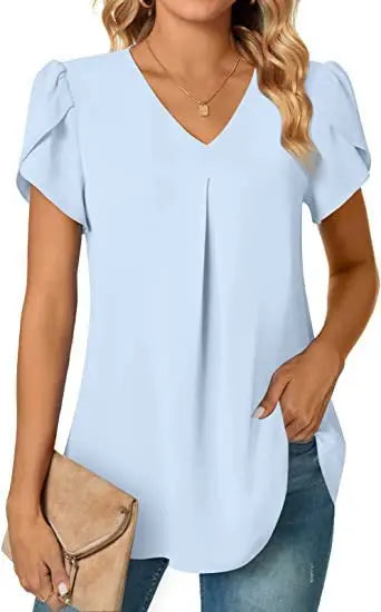 Elegant Women's Top Blouse Flower 2023 Summer Fashion Simplicity Short Sleeve Solid V-Neck Commuter Office Female Shirt S-XXL
