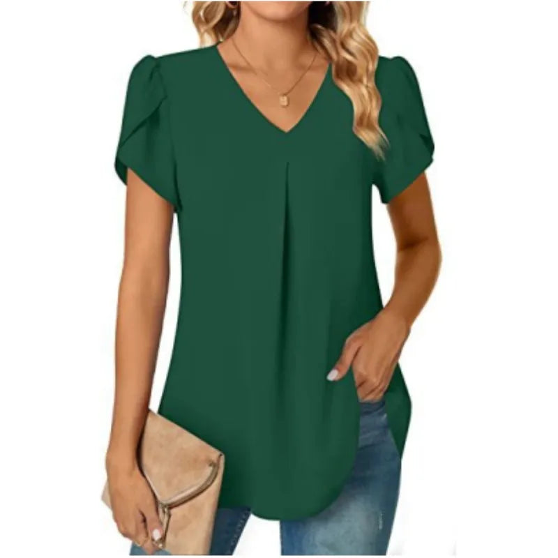 Elegant Women's Top Blouse Flower 2023 Summer Fashion Simplicity Short Sleeve Solid V-Neck Commuter Office Female Shirt S-XXL