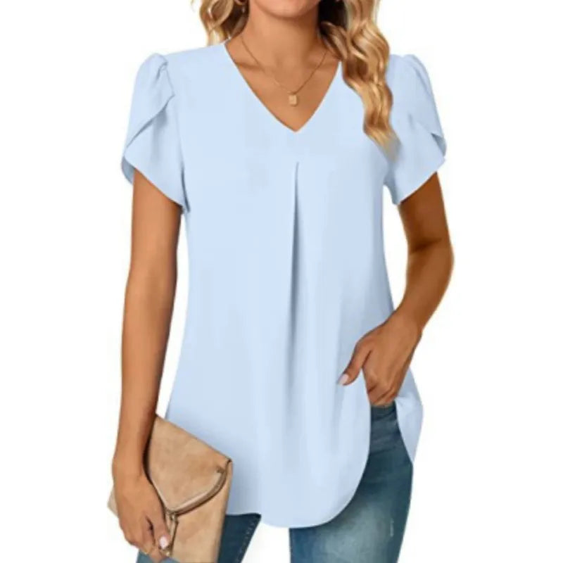 Elegant Women's Top Blouse Flower 2023 Summer Fashion Simplicity Short Sleeve Solid V-Neck Commuter Office Female Shirt S-XXL