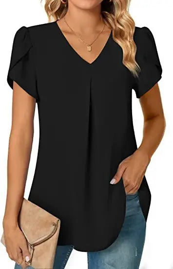 Elegant Women's Top Blouse Flower 2023 Summer Fashion Simplicity Short Sleeve Solid V-Neck Commuter Office Female Shirt S-XXL