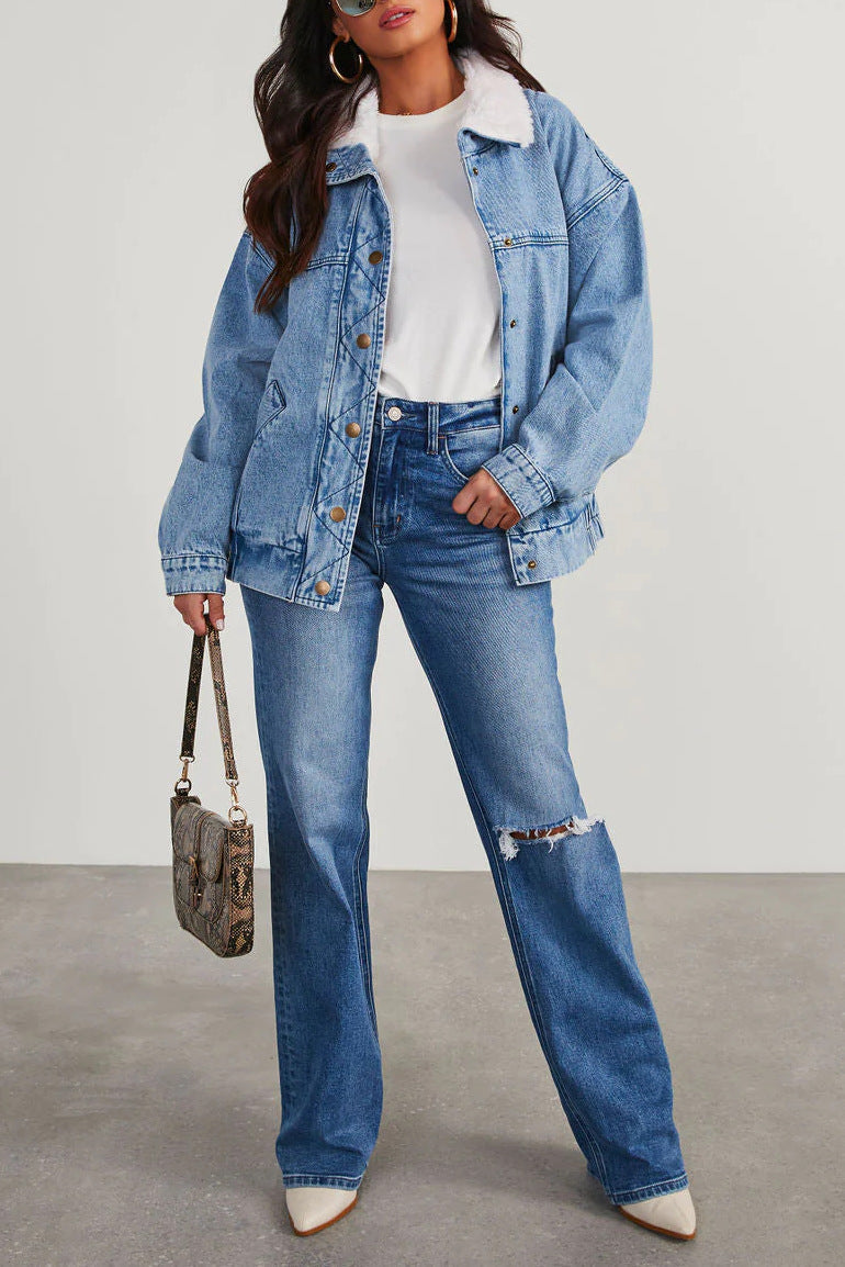 Denim Jacket | Oversized Fleece Collar Coat 