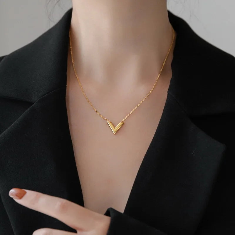 Venusia | V Letter Design Yellow Gold Color Pendant Necklace