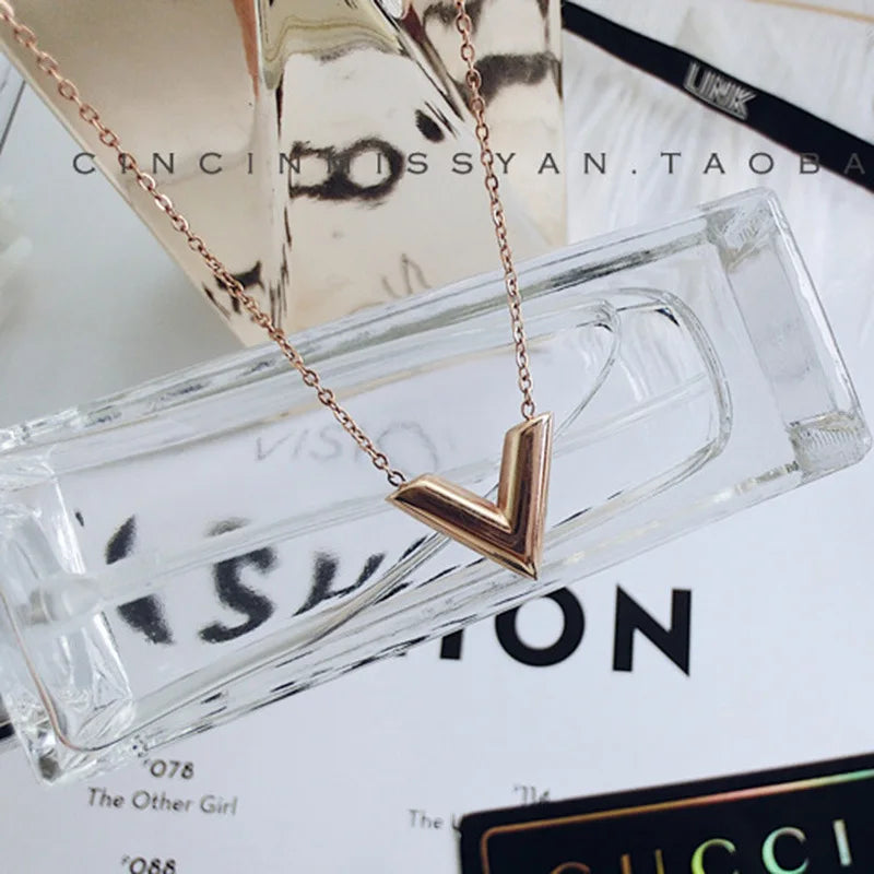 Venusia | V Letter Design Yellow Gold Color Pendant Necklace