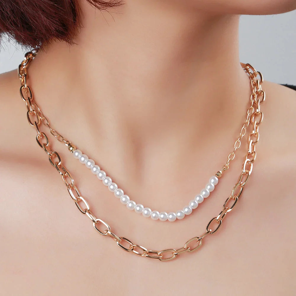 Venusia | Gold Colored Thick Chain Pearl Necklaces