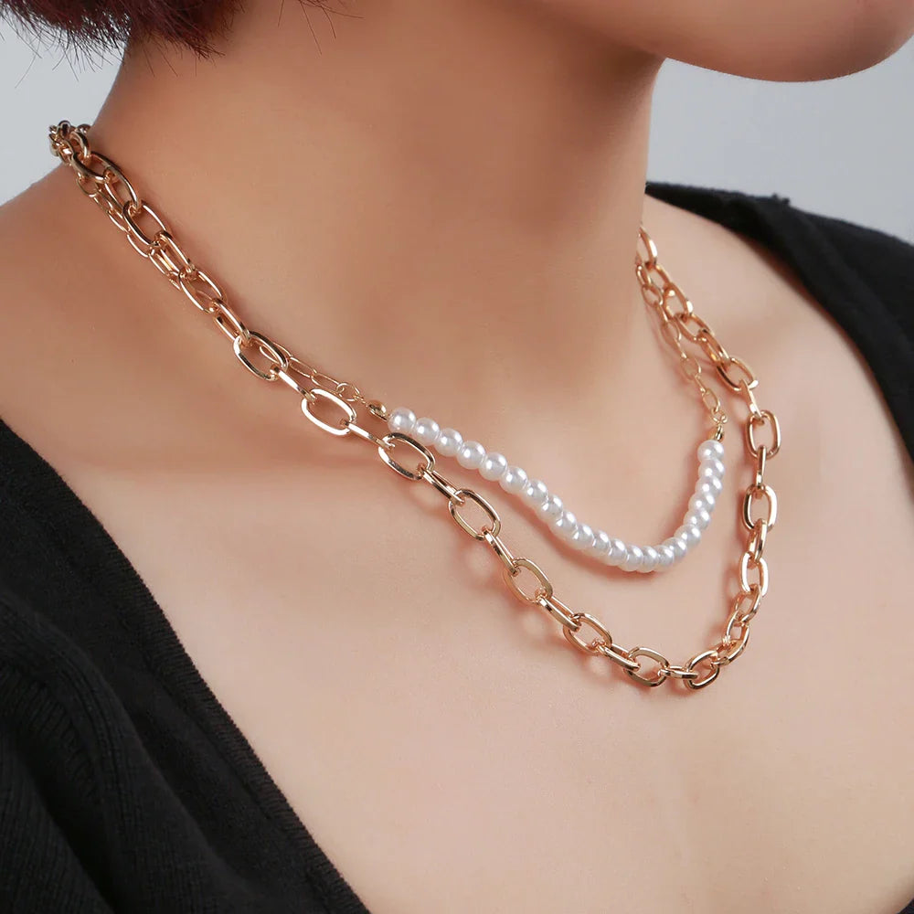 Venusia | Gold Colored Thick Chain Pearl Necklaces