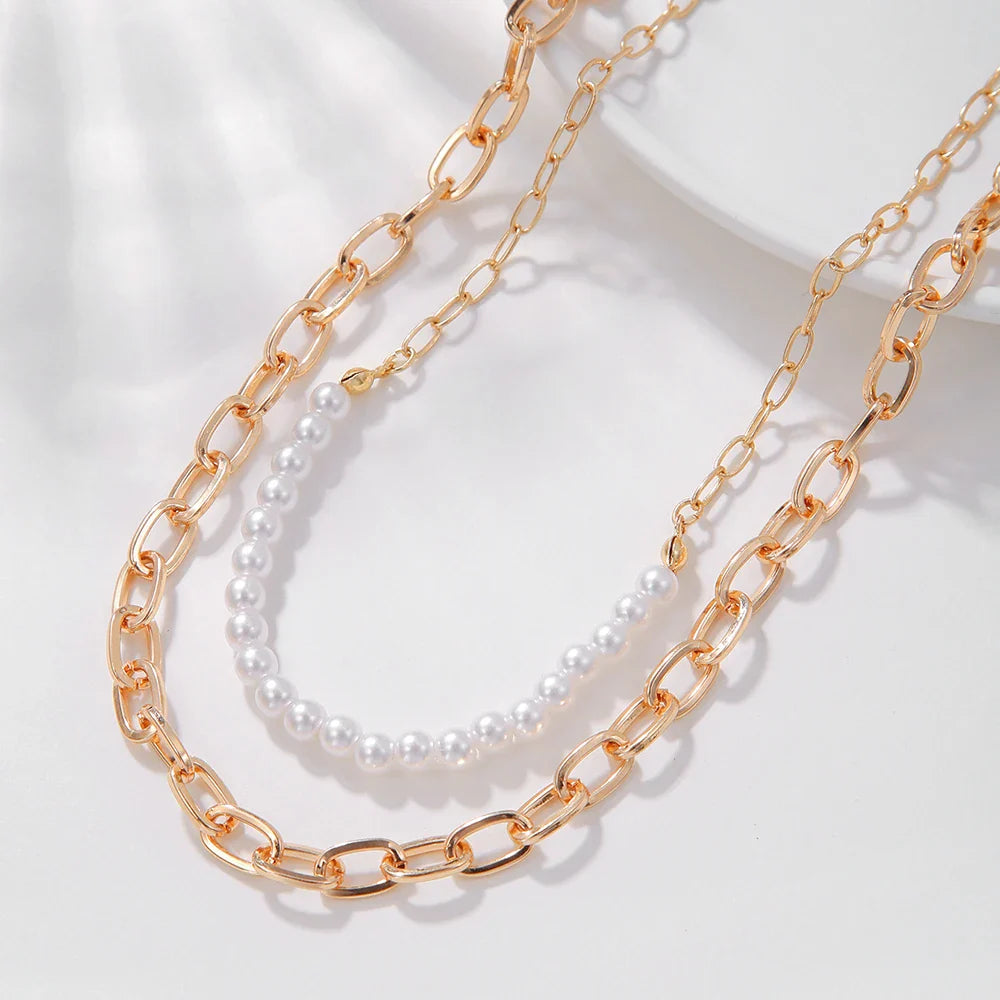 Venusia | Gold Colored Thick Chain Pearl Necklaces