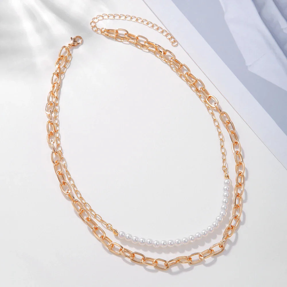 Venusia | Gold Colored Thick Chain Pearl Necklaces