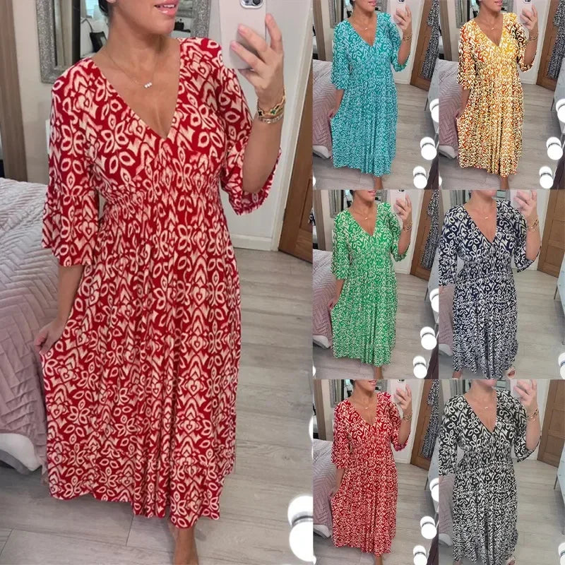 Women's S-5XL size New oversized super fairy V-neck floral dress for seaside vacation beach skirt loose length skirt in stock